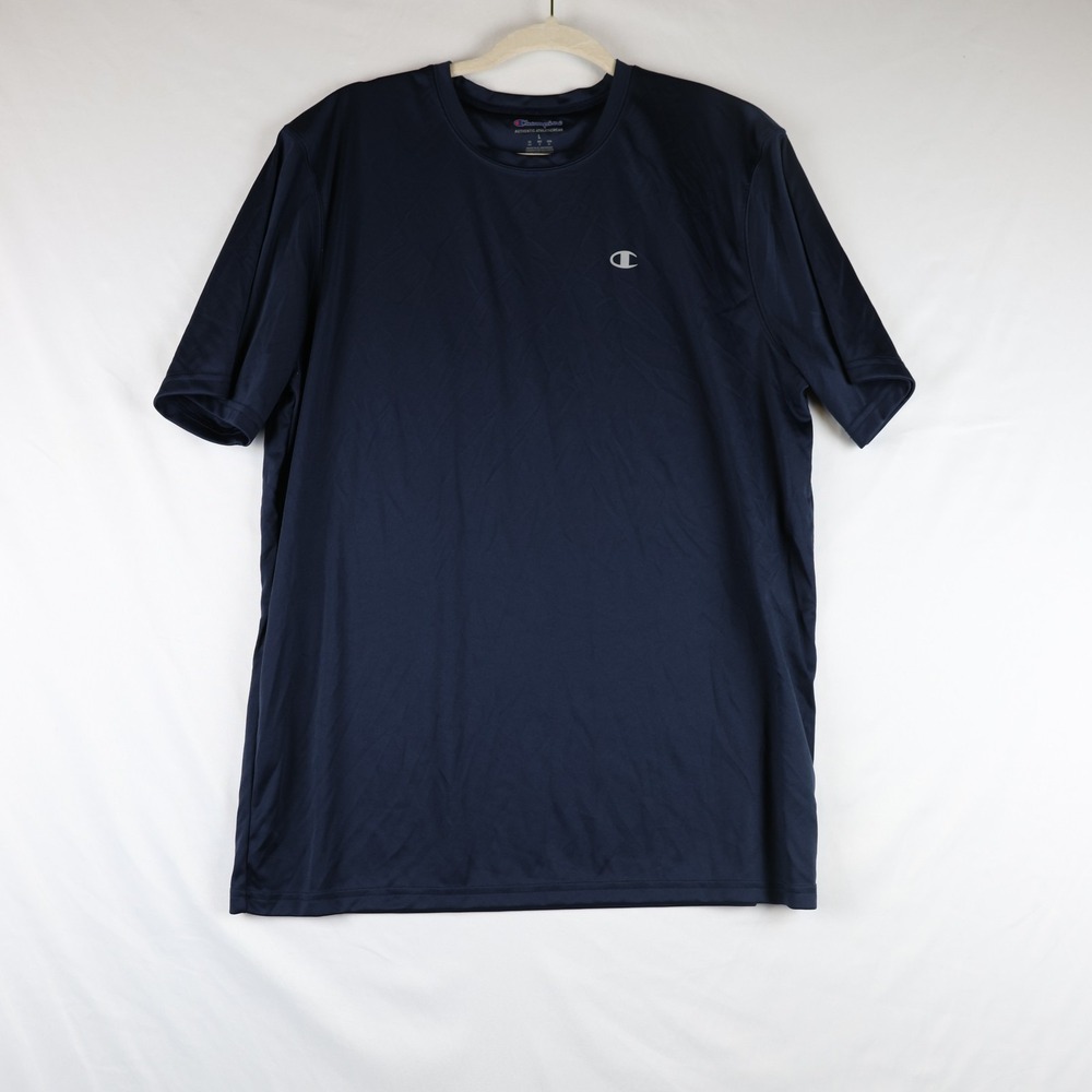 Champion Shirt Mens Large Navy Blue Athletic Tee Polyester Performance Logo